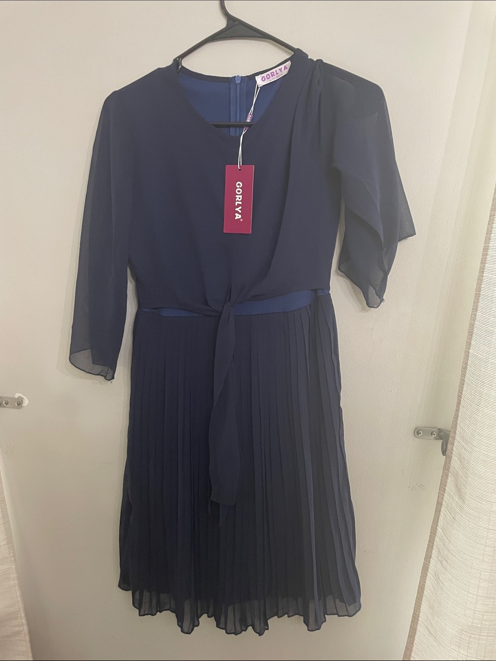Navy Pleated Midi Dress with Tie Waist